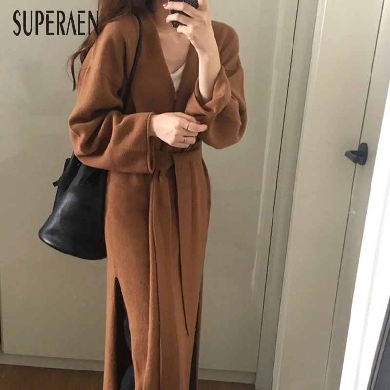 

SuperAen Korean Style Women Long Sweater Coats Wild Solid Color Fashion Ladies Sweaters Lace Solid Color Autumn New 2019