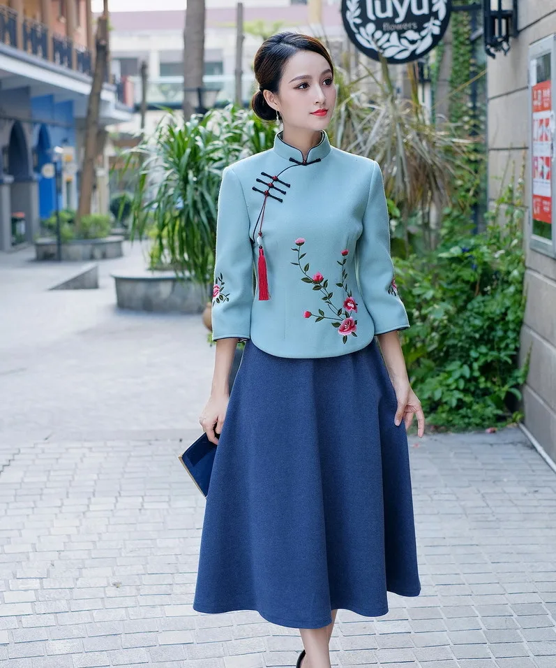 Sheng Coco Woolen Chinese Blouse Coat LadiesTraditional Chinese Shirts Embroidery Blouses Woolen Suit Classic Blue Suit