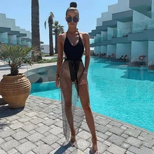 Блестящая сетчатая клетчатая Открытая Длинная юбка с бриллиантами прозрачная дышащая Свободная юбка женская летняя сексуальная пляжная юбка