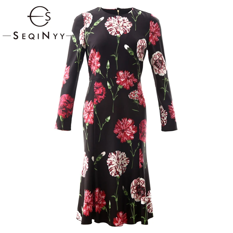 

SEQINYY Flowers Print Dress 2020 Spring Autumn New Fashion Design Women Long Sleeve Slim Sheath Knee Dress