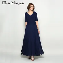 Navy Blue Mother of the Bride Groom Dresses for Wedding Party Gowns with Half Sleeves Tea Length Chiffon Pleat Real Photos