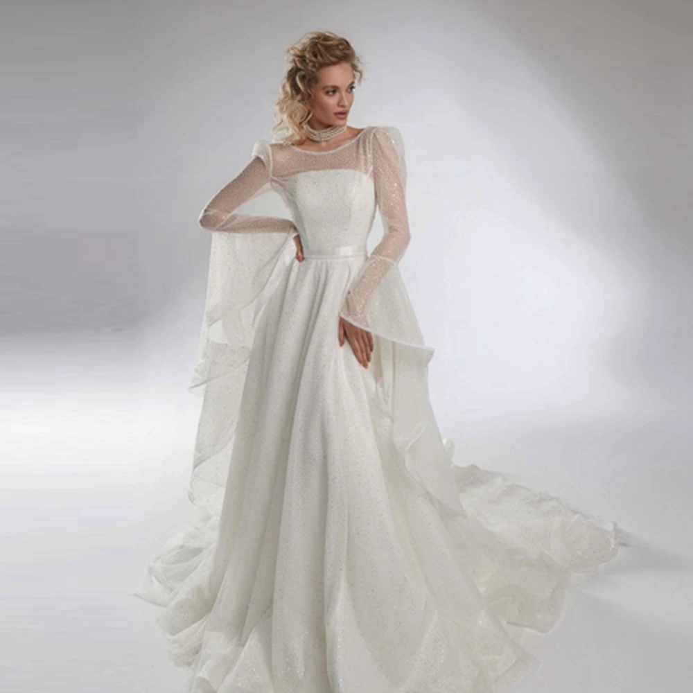 

Современное блестящее свадебное платье трапециевидной формы с расклешенными рукавами, блестящие свадебные платья с прозрачными стразами, элегантные блестящие пуговицы