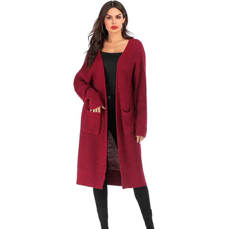 Женские Длинные кардиганы, осенне-зимняя куртка-свитер, трикотажное Свободное пальто, повседневное, один размер, пальто-свитер, бордовая черная куртка, YH-ZJ089 - Цвет: Бургундия
