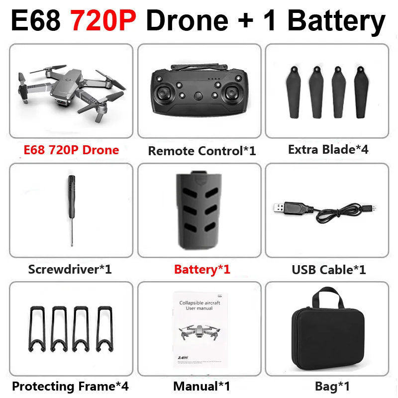 E68 WiFi FPV складной Профессиональный Дрон с камерой 4K оптический поток широкоугольный воздушный видео RC Квадрокоптер самолет Квадрокоптер - Цвет: E68 720P 1B Bag