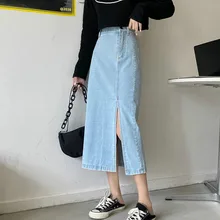 

High Waist A-Line Irregular Female Autumn Fashion Solid Casual All-Match Jean Mid-Calf Skirts Streetwear Spring Women Jean Skirt