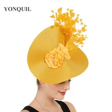 Yellow Derby Tea Feather Big Fascinator Fedora Hats Bride Wedding Headwear Gorgeous Headpiece With Nice Flower Hair Accessories