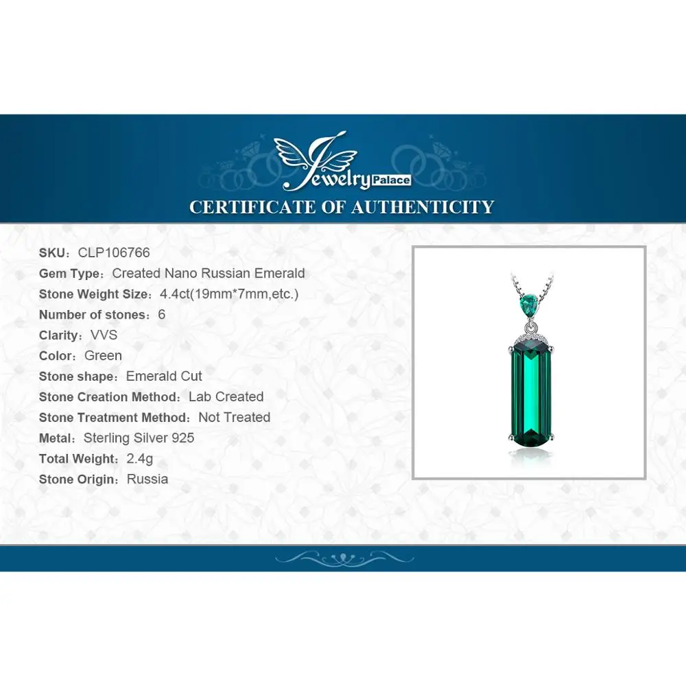 Simulated Nano Green Emerald 925 Sterling Silver Pendant Necklace for Women No Chain