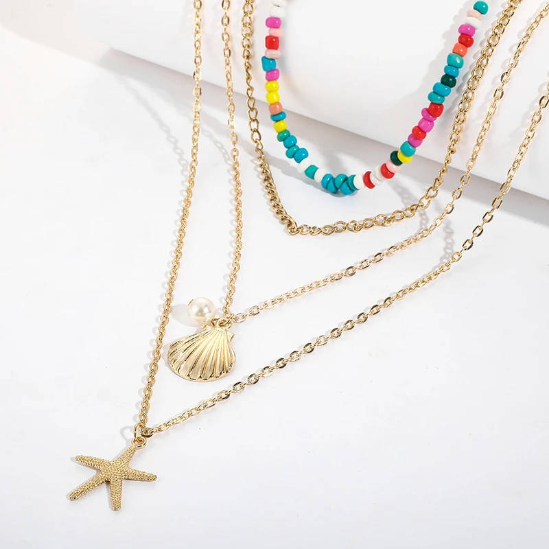 Tocona Bohemian Colorful Bead Shell Pendant Necklace for Women Starfish Multi-layer Chain Choker Necklace Summer Jewelry Collar