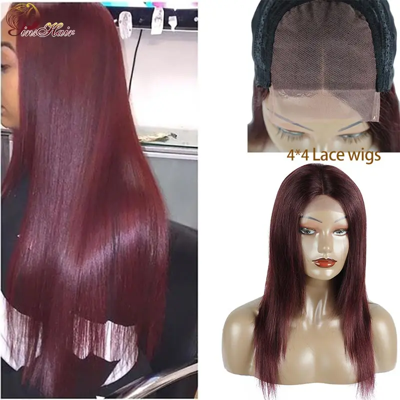 Pinshair темно бордовый 4*4 кружевные человеческие волосы парики для женщин черный 99J