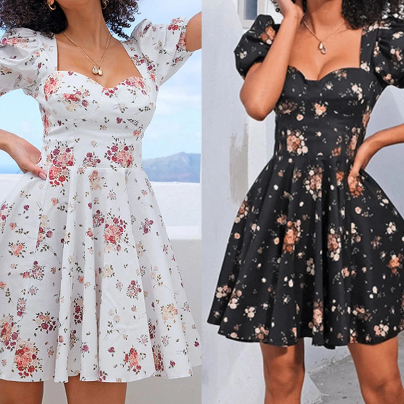 Vestido corto blanco con estampado de flores para mujer, prenda elegante manga cremallera, para el verano, 2021|Vestidos| - AliExpress