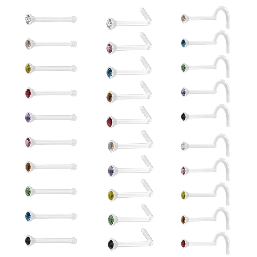 10PCS/Lot 20g CZ Crystal Nose Piercing Set Acrylic Plastic Nose Studs Rings Retainer Bone L Shape Nose Piercing Jewelry