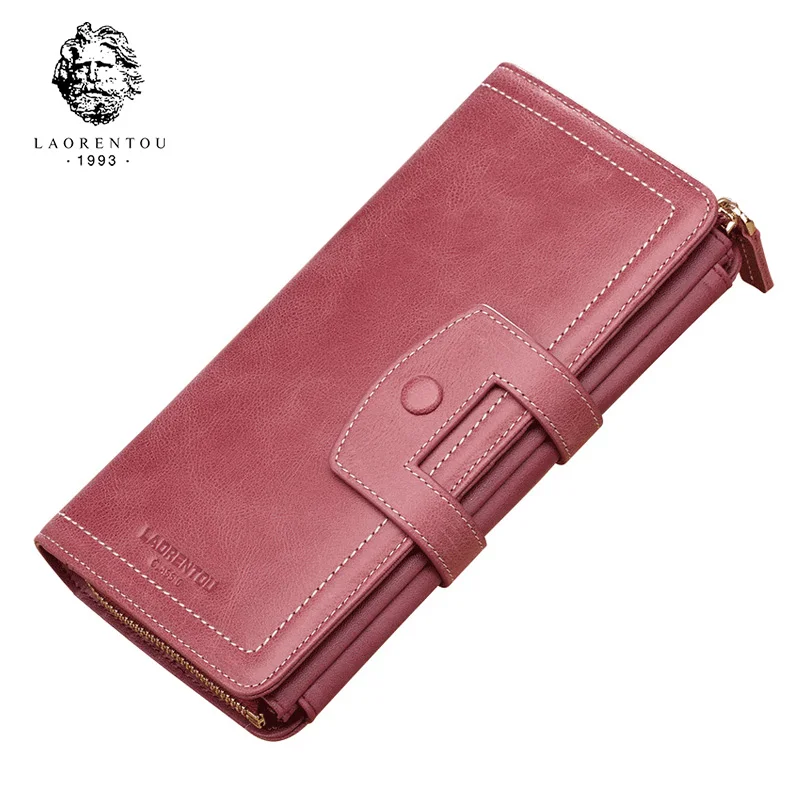 

LAORENTOU Women Clutch Bag Retro Long Wallets Female Simple Long Genuine Leather Purse Lady Zipper Phone Bag Card Holder Clutch