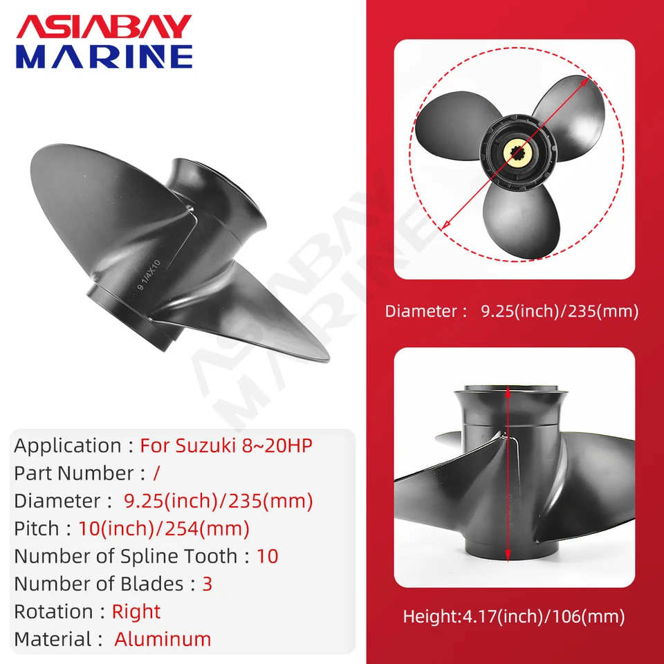 Suzuki Outboard Propeller 9 1/4 X 9 - 10 Spline 3-Blade Aluminum Replacement