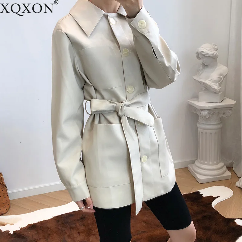 

2019 Autumn Women PU Leather Belted Jackets Turn down Collar Winter Faux Leather Coat Fall