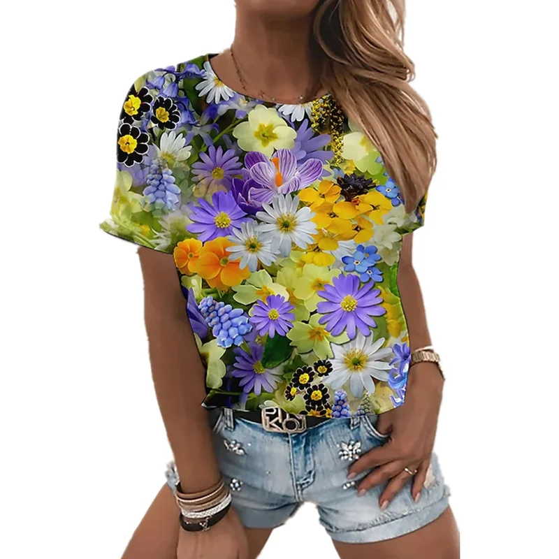2021 New Women's Rose Flower Pattern Printing Top Fashion Summer Short-sleeved Fashion Casual Plus Size 3D Rose Printing T-shirt
