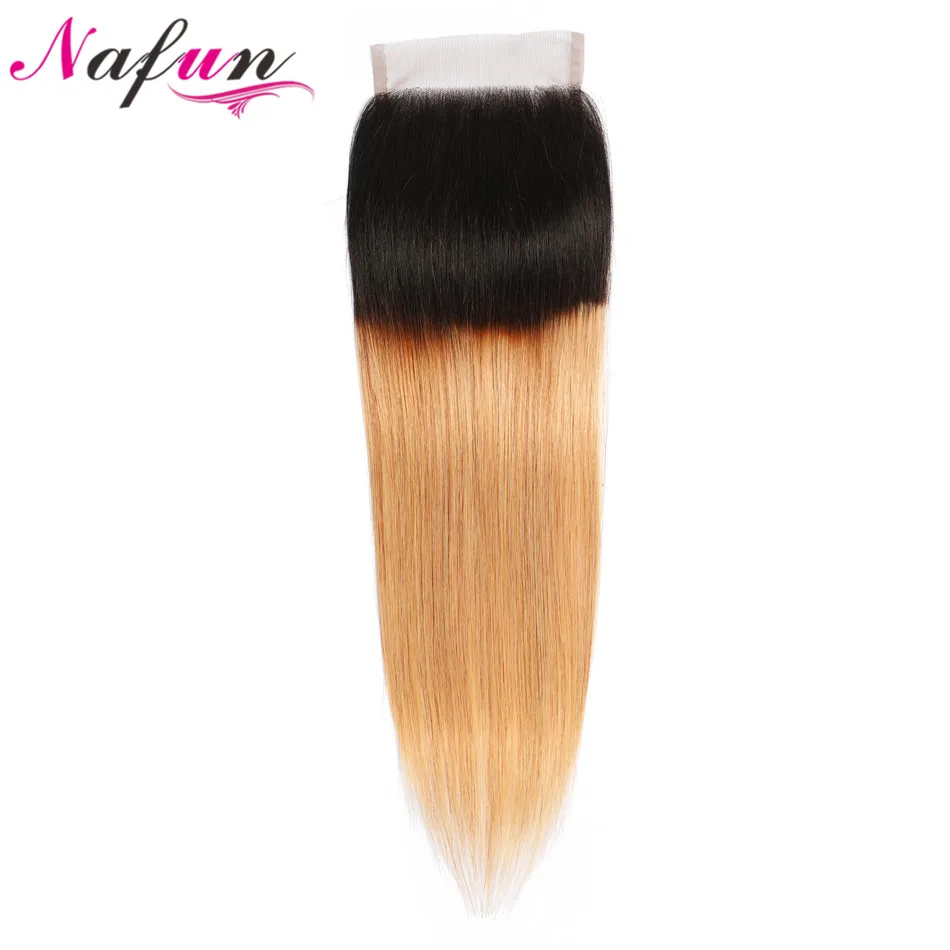 NAFUN Ombre Brazilian Straight Lace Closure Free Part 4x4 Honey Blonde 1b/27 Human Hair With Sightly baby Hair Non Remy 1 Piece