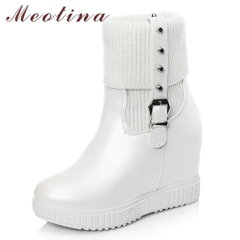 

Meotina Winter Ankle Boots Women Buckle Height Increasing Heel Short Boots Slip on Super High Heel Shoes Lady Autumn Size 33-43