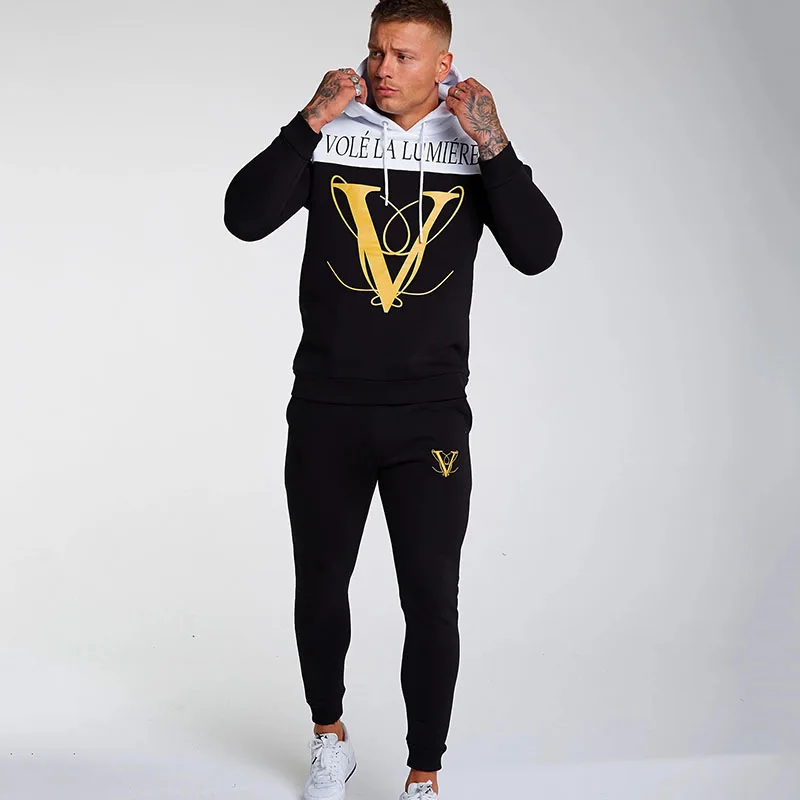 

Men Running Sports Set Men Autumn Joint Contrast Color Long Sleeve Fitness Hooded Long-sleeved Coat Slim Fit