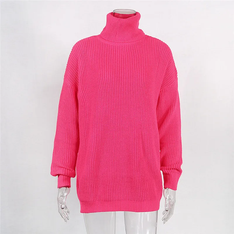 Модный свитер с высоким воротом, зимняя одежда для женщин, неоновый зеленый розовый оранжевый пуловер, женские вязаные топы, C54-AF91