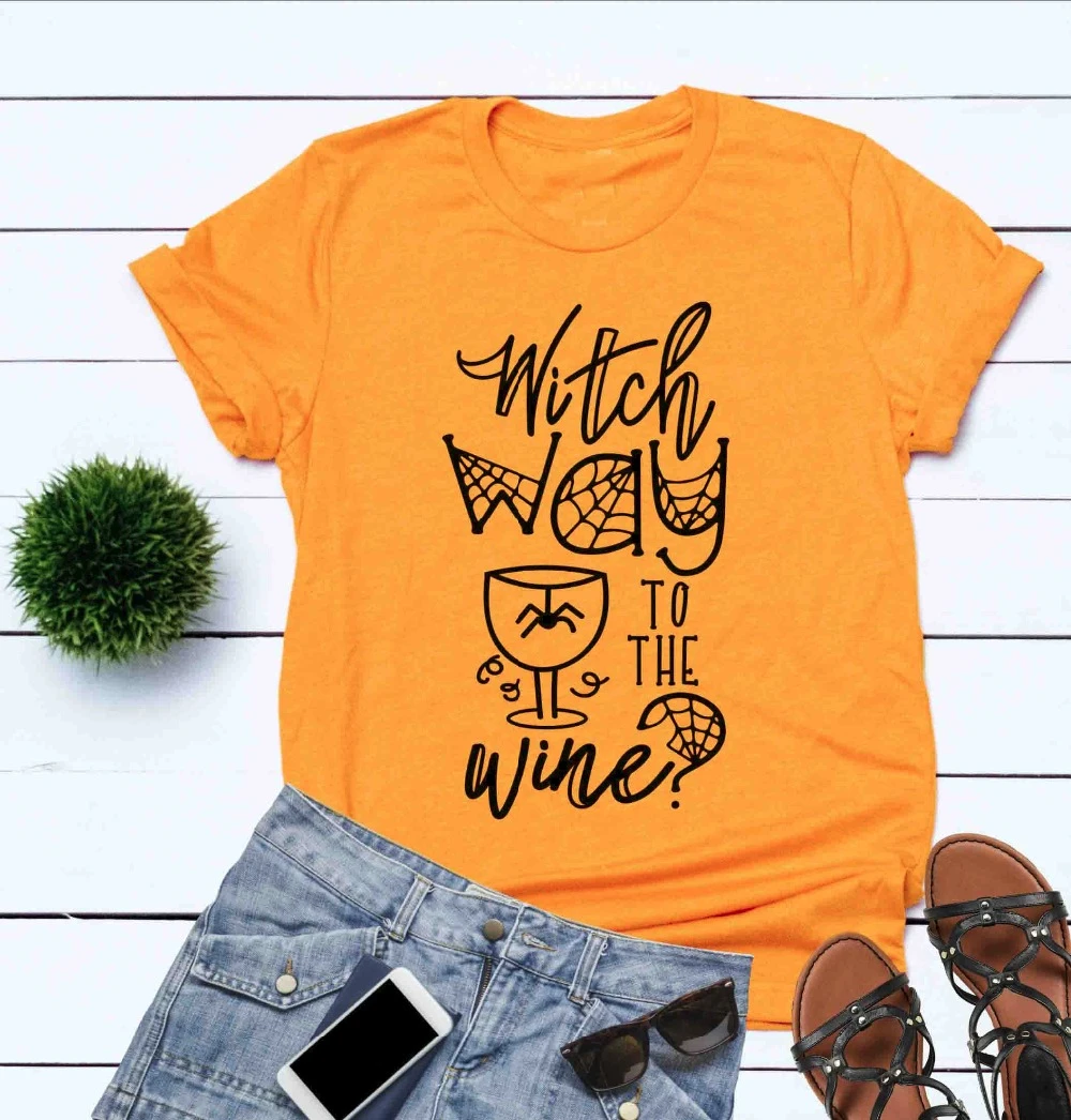 

Witch Way To The Wine Halloween T-Shirt funny graphic cup spider harajuku grunge aesthetic cotton shirt party style tees-J777