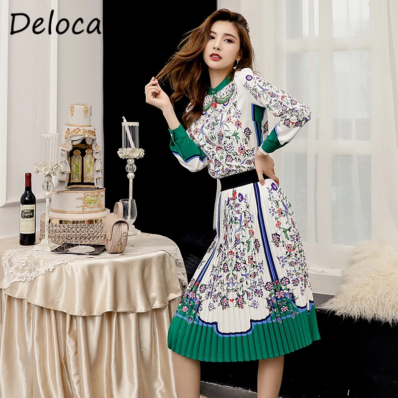 Delocah 2019 Runway Fashion Herfst Sets vrouwen Lange Mouwen Bloemen Gedrukt Shirt En Vintage Geplooide Midi Rok Twee Stukken set Delocah 2019 Runway Fashion Herfst Sets vrouwen Lange Mouwen Bloemen Gedrukt Shirt En Vintage Geplooide Midi Rok Twee Stukken set