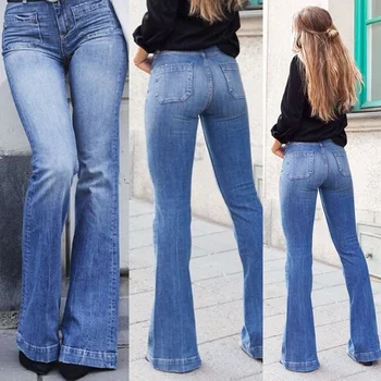 

Women's Fashion High Waist Jeans Flares Casual Wide Leg Denim Blue Sexy Long Pants bell-bottoms