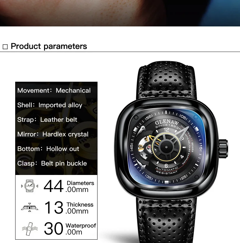 2021 new men's watch automatic machinery top brand luxury square large dial sports waterproof watch relegio masculi