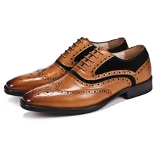 Luxury Designer Formal Men's Wedding Shoes Genuine Leather Fashion Black Khaki Pointed Toe Retro Brogue Dress Shoe