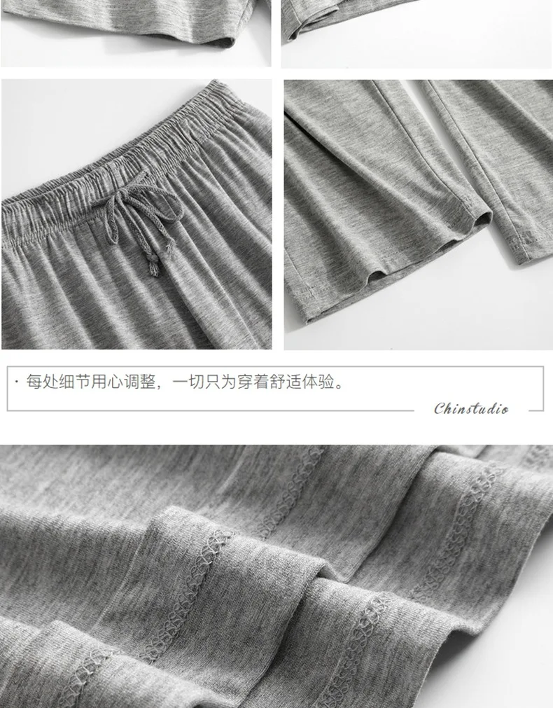 Spring Summer Pajama Set Men Cotton Modal Sleepwear Black Short SleevePants Bottom Two Pieces Plus Size Stretchable Home Clothes