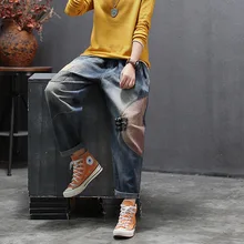 Женские джинсы с карманами в стиле Mori Girl, весна-осень, штаны-шаровары с эластичной резинкой на талии, повседневные винтажные женские джинсовые брюки в стиле пэчворк