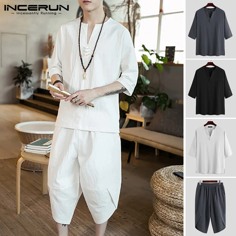 Summer Chinese Style Men Sets Half Sleeve Solid 2020 Streetwear Cotton Tops Vintage Calf Length Pants Leisure Men Suits INCERUN Summer Chinese Style Men Sets Half Sleeve Solid 2020 Streetwear Cotton Tops Vintage Calf Length Pants Leisure Men Suits INCERUN