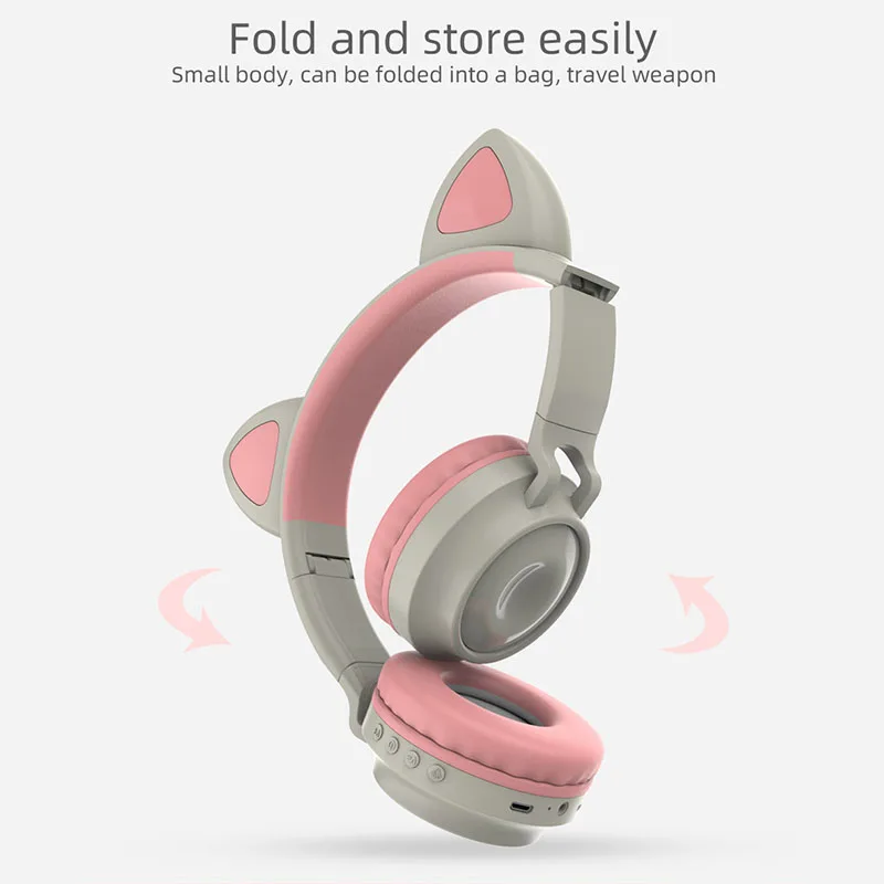 Kids Bluetooth 5 0 Cat Ear Headphones Foldable On Ear Stereo Wireless Headset with LED Light Pink 