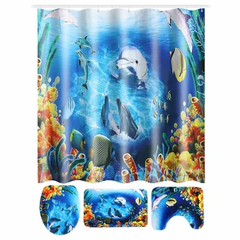 

New Ocean Design Dolphin Waterproof Polyester Bathroom 3D Shower Curtain Set with Non Slip Toilet Cover Rugs Mat Home Decoration