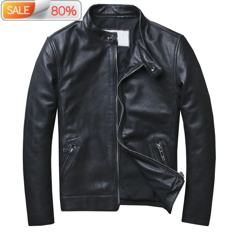 

Genuine Cowhide Locomotive Motorcycle Jacket Man Spring Short Real Cow Leather Coats Men 6A1 B21440