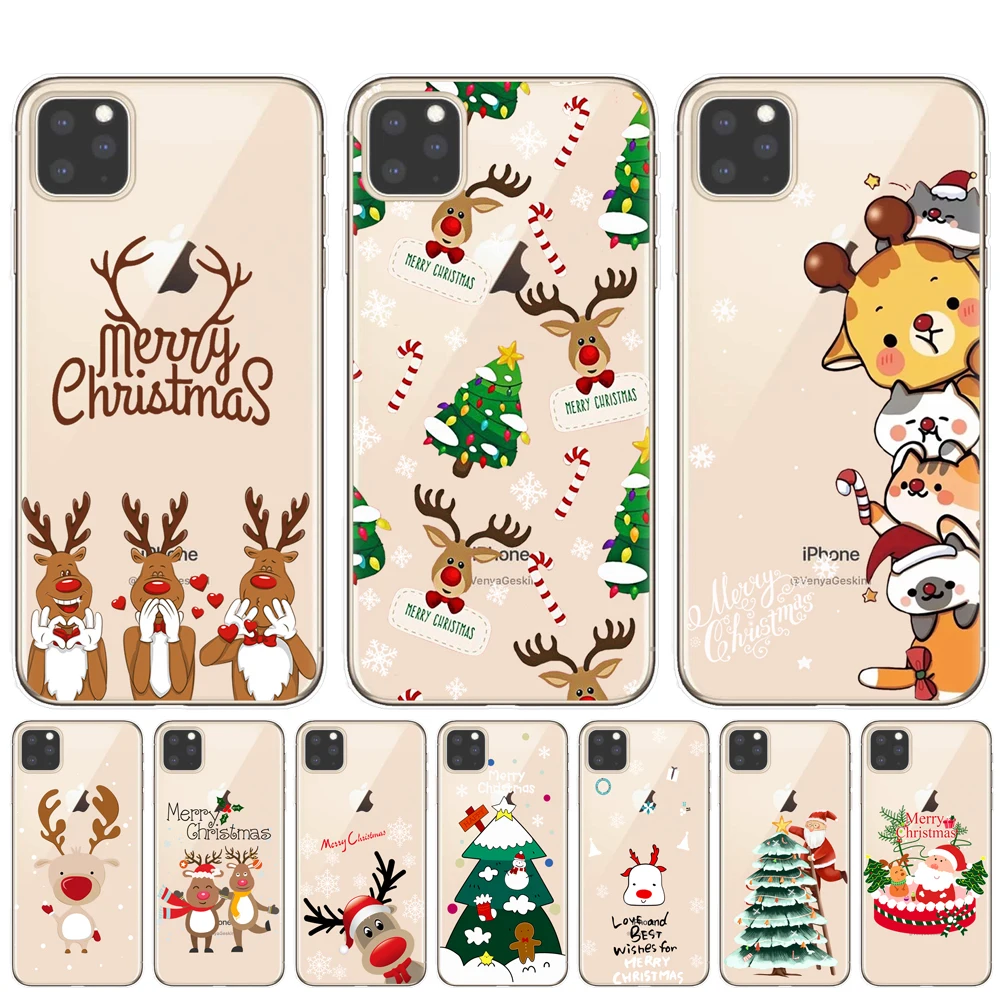 

Merry Christmas Phone Case For iPhone 11 Pro X XR XS Max 8 7 6 6s Plus Cute Santa Claus elk Soft TPU Silicon Cover Couples Cases