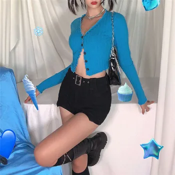 

Summer Korean Women Sexy Long Sleeve Open Front Button Up Knitting Cardigan Fashion Ladies Crop Top Autumn Short Sweaters