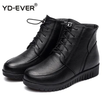 

Winter Women Shoes Woman Genuine Leather Flat Ankle Boots Female Lace-up Warm Wool Snow Boots Women Boots