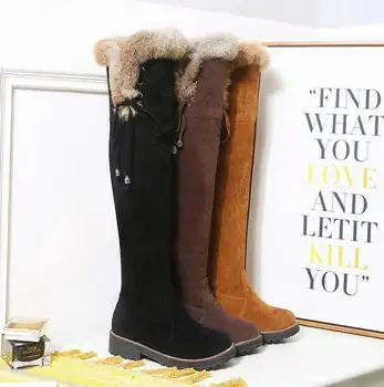 

Womens Hidden Wedge Heel Fur Top Over Knee High Long Boots Suede Leather Shoes