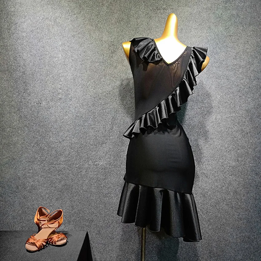 Женское черное платье для латинских танцев с оборками; одежда для тренировок с бахромой; одежда для занятий танцами ча Сальса Румба