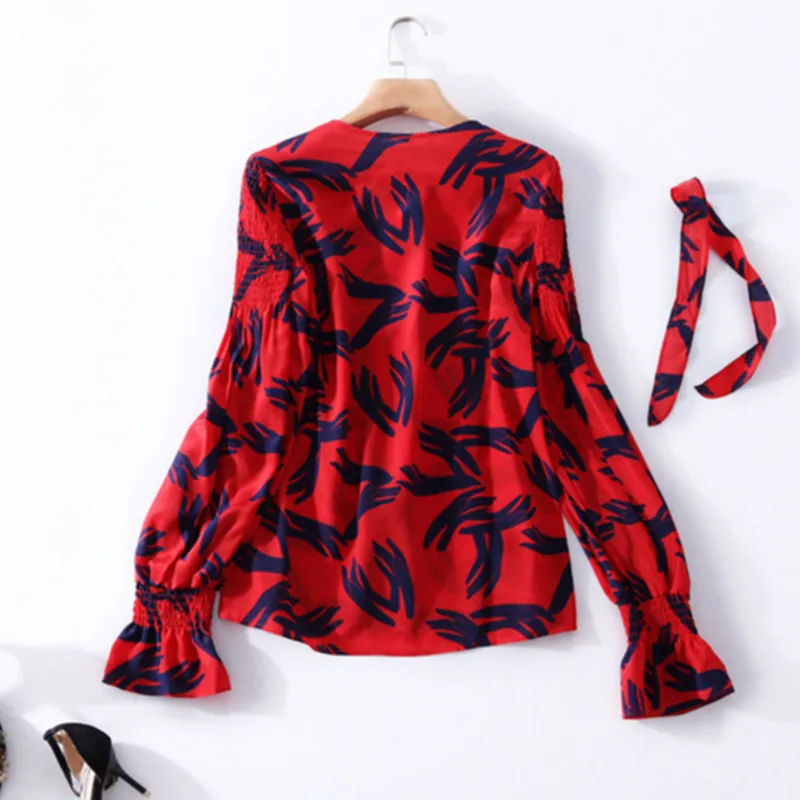  Womens Tops and Blouses Harajuku Shirts Long Sleeve Red Blouse Real Silk Korean Fashion Clothing Vi