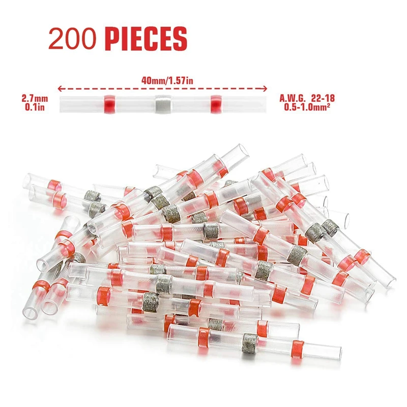 200PCS 22-18 AWG Red Solder Seal Wire Connectors , Heat Shrink Butt Connectors, Waterproof and Insulated Wire Terminals