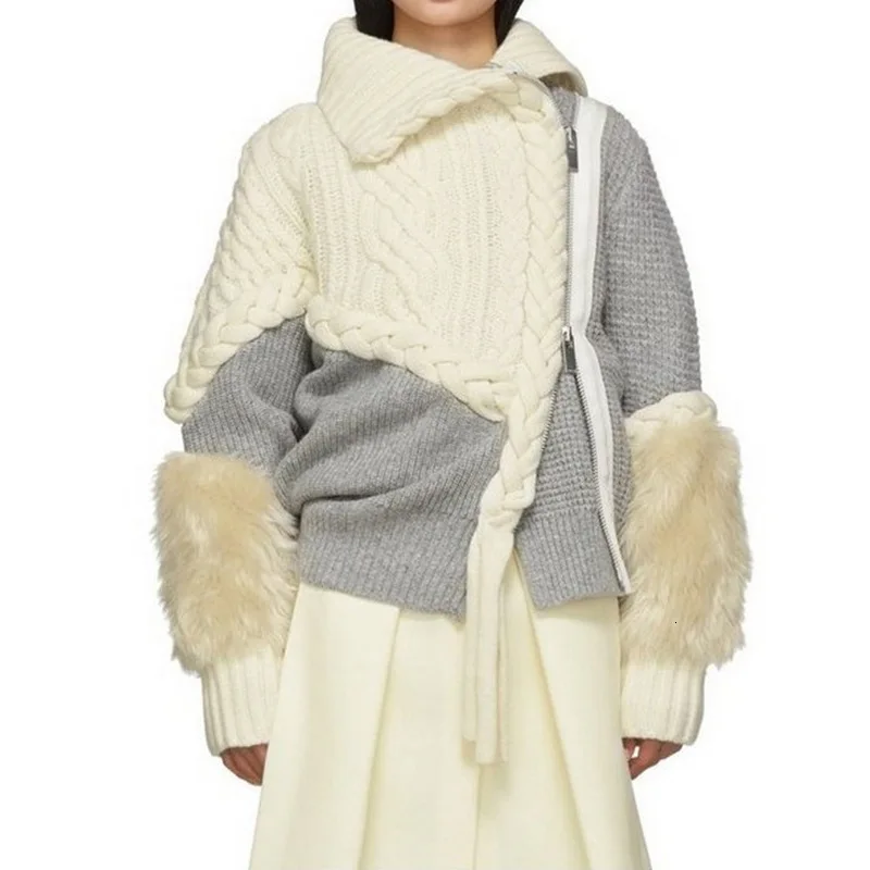 

Autumn Winter Fashion Hit Color Patchwork Wool Women's Sweater Irregular Collar Long Sleeve Zipper Sweaters Female 2019 New