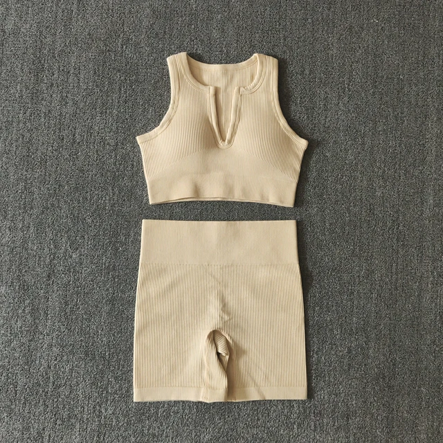 2/4/6PCS Seamless Women Yoga Set Workout Sportswear Fitness Bra Sport Pants Gym Clothing High Waist Leggings Shorts Sports Suits VestShortsBeige