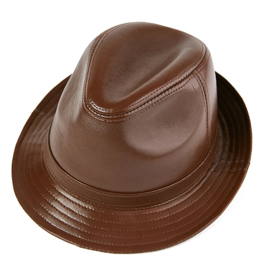 LA SPEZIA Men Fedora Hat Real Leather Sheepskin Dark Brown Jazz Hat Male Autumn Winter High Quality Men's Flat Top Cap