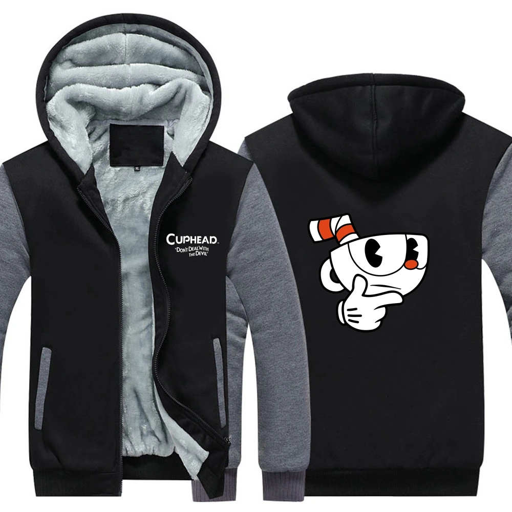 6 стильных серых игр Cuphead Mugman Толстовка Зимняя Повседневная супер теплая куртка утолщенная молния с капюшоном повседневные толстовки