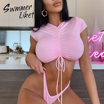 

2020 New Frill thong bikini crop top women's sports swimsuit with shoulders Sexy thong swimwear female bathing suit pink biquini
