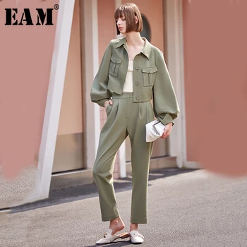 

[EAM] Wide Leg Pants Two Piece Suit New Lapel Neck Long Sleeve Black Loose Fit Women Fashion Tide Spring Autumn 2020 1B159