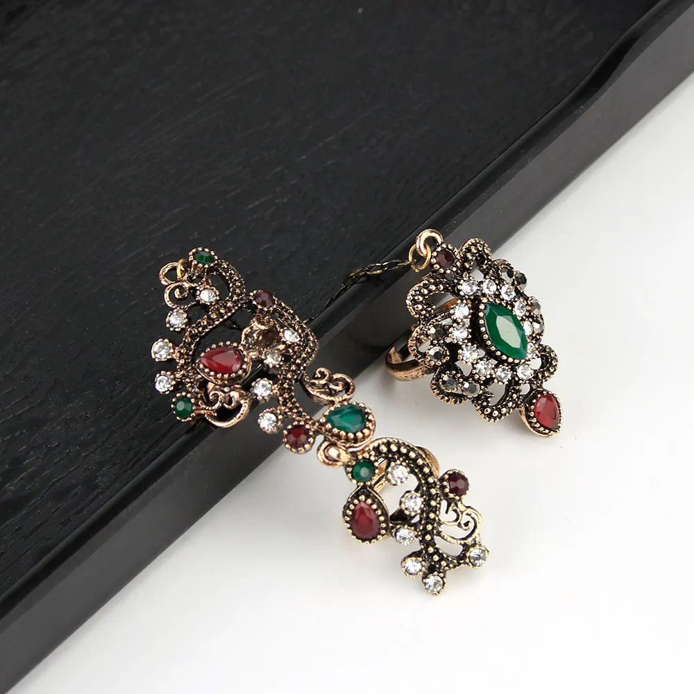 Sunspicems Turkish Double Finger Ring for Women Flower Ethnic Jewelry Multicolor Resin