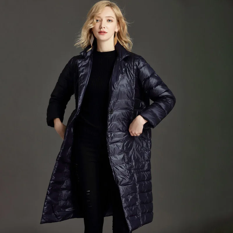 

2019 Women's Light And Large Pockets In The Long Paragraph Wild Casual Solid Color Warm White Duck Down Jacket F098