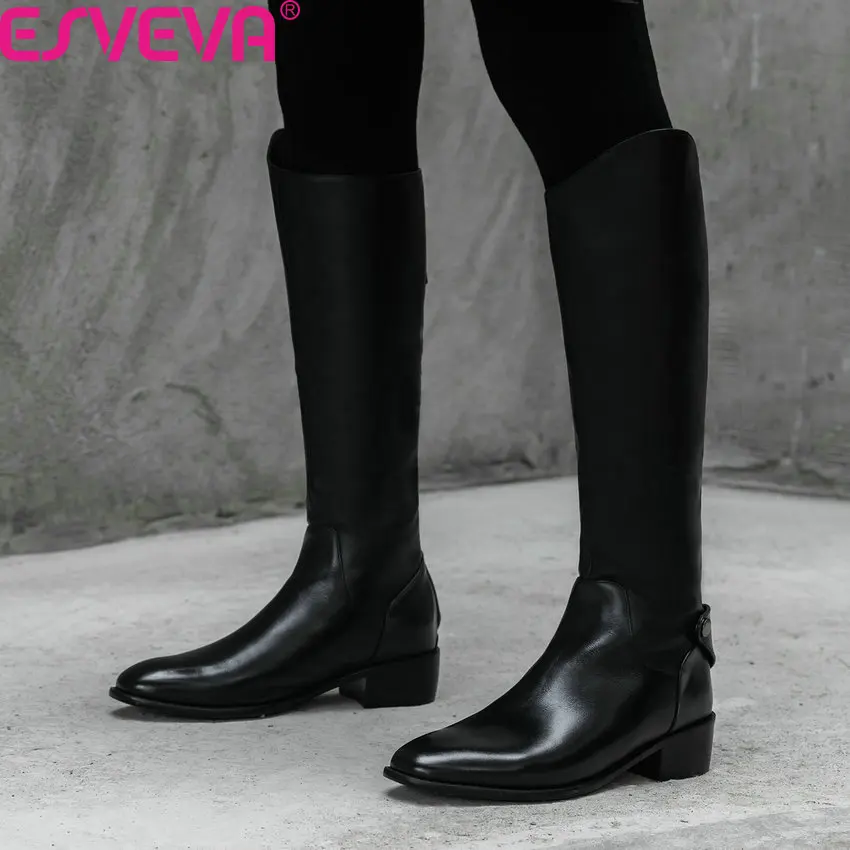 

ESVEVA 2020 Square Middle Heel Zipper Autumn Winter Concise Women Shoes Round Toe Cow Leather Casual Knee High Boots Size 34-39